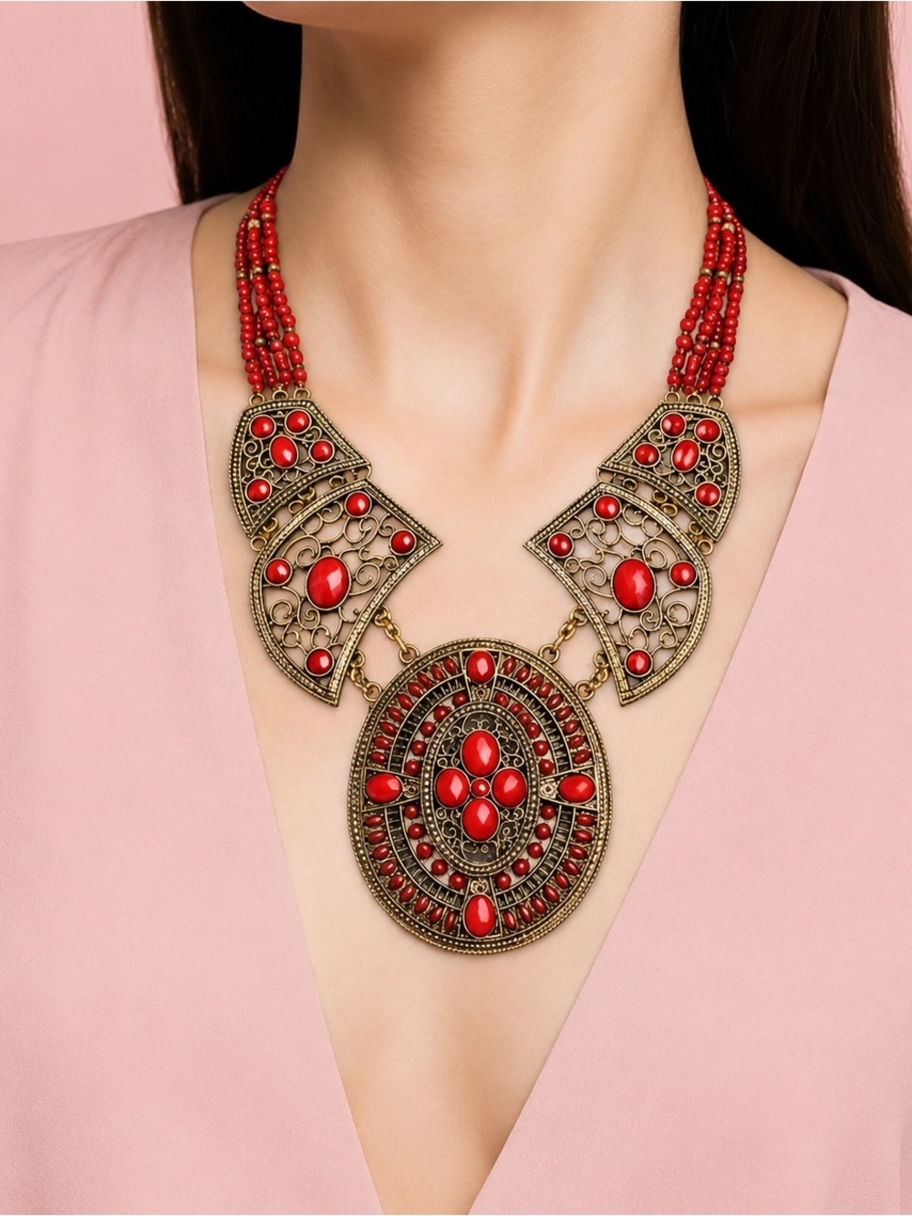 🛍️ Red bronze stone bead Aztec Boho choker jewelry necklace